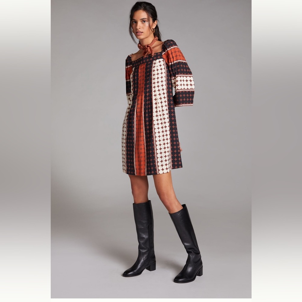 Anthropologie Brown Abstract Motif Mini Dress Size 8 like new